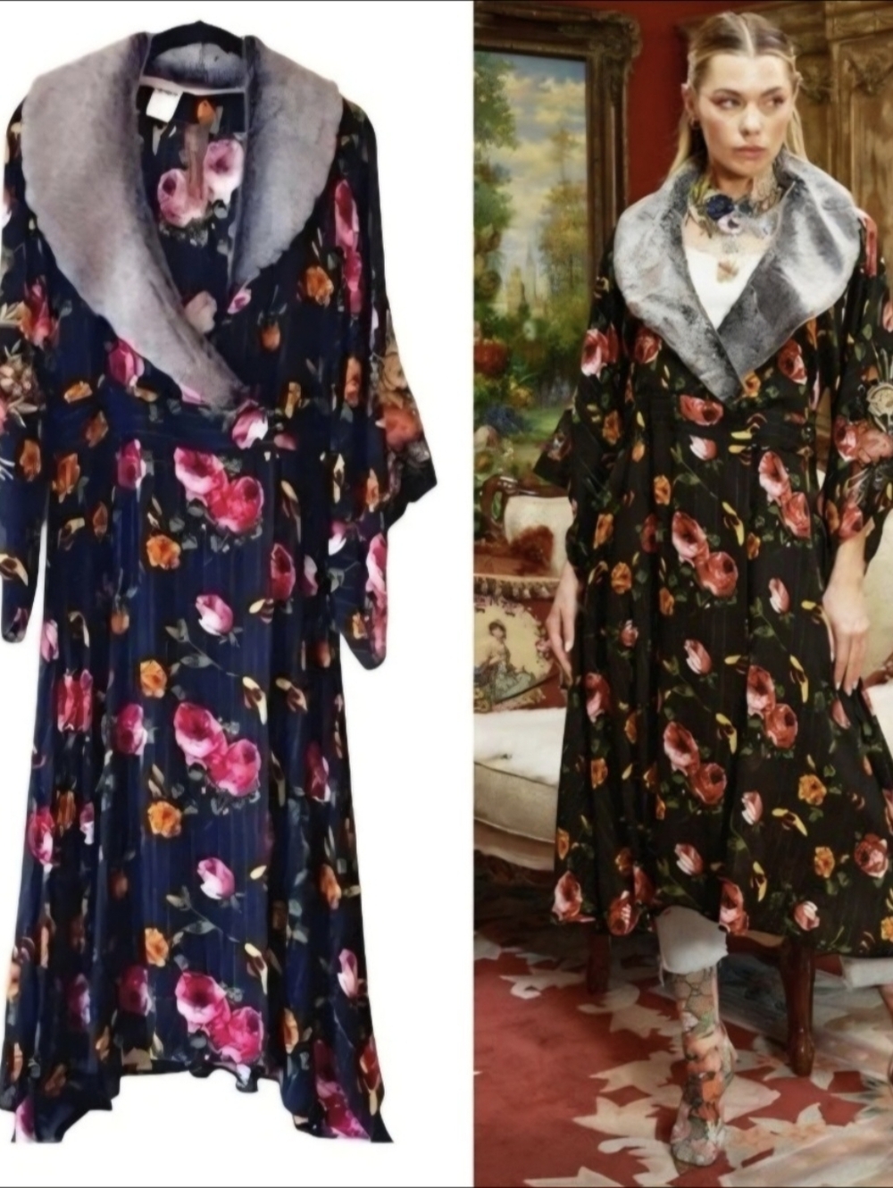 ARATTA Princess of Manaco  S  Kimono/Dress w/Detachable Faux Fur Shawl Collar